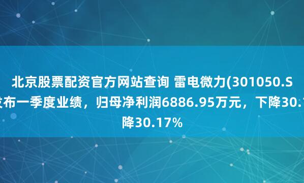 北京股票配资官方网站查询 雷电微力(301050.SZ)发布一季度业绩，归母净利润6886.95万元，下降30.17%