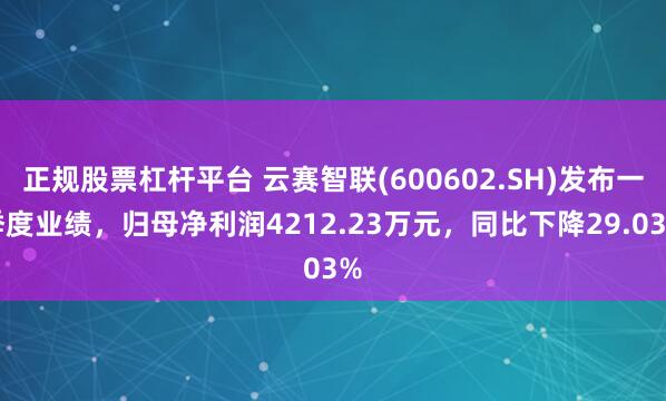 正规股票杠杆平台 云赛智联(600602.SH)发布一季度业绩，归母净利润4212.23万元，同比下降29.03%